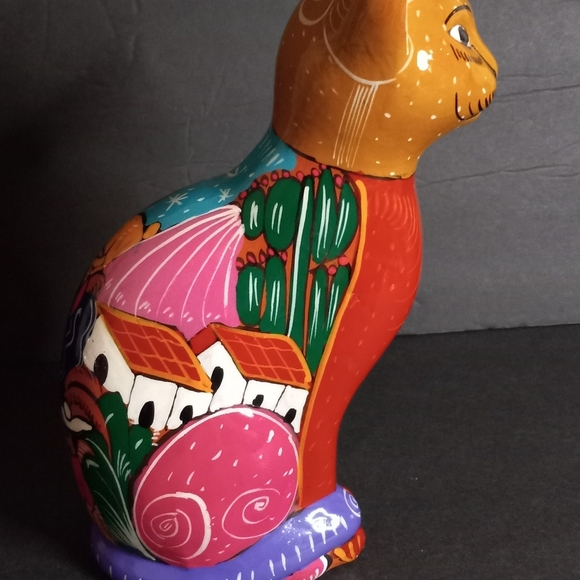 Cat Terracotta Clay Figurine 8” Tall  Bright Colors HAND PAINTED - Picture 3 of 5